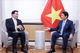 越南国家主席梁强（右）会见韩国SK集团会长崔泰源。图自越通社