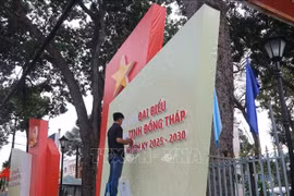 同塔省各条街道张灯结彩，标语飘扬迎接省第一次党代会。图自越通社