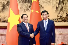 越南政府总理范明政与中国全国政协主席王沪宁。图自越通社