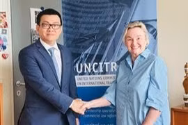 越南常驻维也纳联合国和其他国际组织代表武黎蔡黄大使与联合国国际贸易法委员会秘书长安娜·朱宾-布雷特。图自越通社