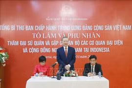 苏林总书记访问越南驻印尼大使馆 会见旅居印尼越南侨胞。图自越通社