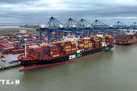 在越南港口停泊的集装箱船。图自越通社