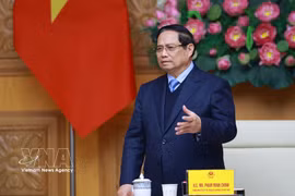 越南政府总理范明政在会上发表讲话。图自越通社