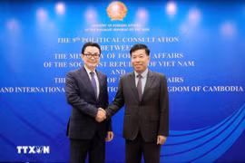 越共中央委员、外交部副部长阮孟强与柬埔寨外交与国际合作部国务秘书吴拉查纳。图自越通社