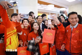 越南政府总理范明政会见国际竞赛获奖学生。图自越通社