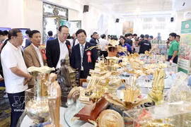 参加贸易促进会议的代表们参观会议期间举行的展销会。图自越通社