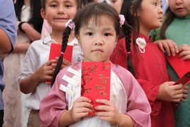 在南非越南儿童在活动上收受压岁钱。图自越通社