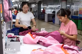 太原省TNG服装公司员工正在缝制出口欧盟的服装。图自越通社