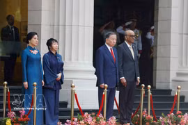 越共中央总书记、国家主席苏林与新加坡总统尚达曼在检阅台上，聆听军乐队奏两国国歌。图自越通社