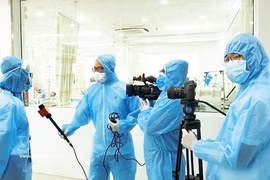新冠肺炎疫情期间在岘港市工作的记者们。图自越通社