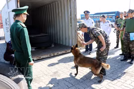 海关人员毒品查缉演练。图自越通社
