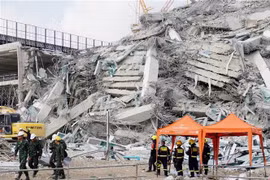 泰国一座建筑物因缅甸地震被倒塌。图自越通社