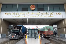 满载货物的集装箱卡车在老街金城2号国际口岸等待通关。图自越通社