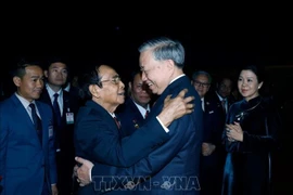 老挝人民革命党中央书记处常务书记、国家副主席本通·吉玛尼在万象瓦岱国际机场为苏林总书记及夫人送行。图自越通社