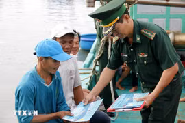 向渔民发放有关打击IUU捕捞的宣传资料。图自越通社。