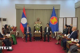 越南驻中国大使范青平及夫人率团前往老挝驻华使馆祝贺。图自越通社