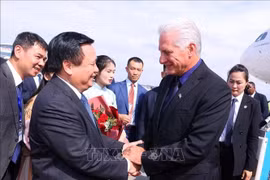 越共中央正主句委员中央理论委员会主席、胡志明国家政治学院院长阮春胜在机场迎接古共中央第一书记、古巴共和国主席米格尔·迪亚斯—卡内尔·贝穆德斯及夫人。图自越通社