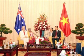 越共中央书记处书记、胡志明市市委书记陈流光会见了澳大利亚总督萨曼莎·莫斯廷。图自越通社