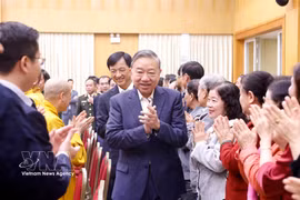 越共中央总书记苏林在河内出席选民见面会。图自越通社