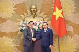 国会主席陈青敏会见前来辞行拜会的马来西亚驻越南大使陈杨泰。图自越通社