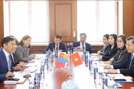 越南最高人民法院代表团与蒙古国最高法院举行工作会谈。图自越通社