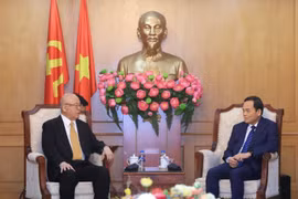越共中央政策与战略部部长陈流光会见日越友好议员联盟特别顾问武部勤。图自越通社
