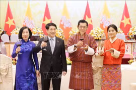 越南国家主席梁强与夫人主持国宴欢迎不丹国王吉格梅·凯萨尔·纳姆耶尔·旺楚克和王后来访。图自越通社