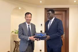 越南驻埃及兼驻南苏丹共和国大使阮南阳向南苏丹外交与国际合作部长蒙代·塞马亚·肯尼斯·昆巴赠送纪念品。图自国际报