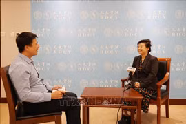 中国人民大学重阳金融研究院研究员刘英（右）接受越通社记者的采访。图自越通社
