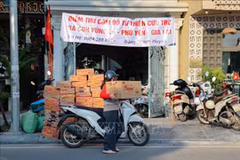 众多个人、家庭、企业和机关单位主动将物资运送到救援接收点。图自越通社