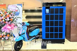 Selex品牌的电动车及其电池更换站模型。图自越通社