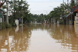 岘港市秋盆河的永奠支流水位上涨，倒灌进入安胜坊居民住宅，造成严重内涝，影响日常生活。图自 越通社