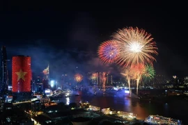 绚丽烟花点亮夜空，胡志明市喜迎国家统一五十周年。图自 越通社