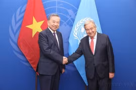 在出席第79届联合国大会并访问美国期间，当地时间2024年9月24日下午（越南时间9月25日上午），越共中央总书记、国家主席苏林在纽约会见联合国秘书长安东尼奥•古特雷斯。图自越通社