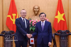越共中央政治局委员、胡志明国家政治学院院长段明训副教授、博士会见日本国际协力机构驻越南首席代表小林洋介。图自越通社