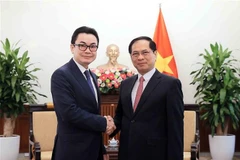 越南政府副总理兼外长裴青山会见柬埔寨国际合作部国务秘书昂·拉查纳。图自越通社
