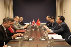 胡志明国家政治学院院长、中央理论委员会主席阮春胜会见英国外交部副部长塞玛·马尔霍特拉。图自越通社