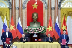 越南国家主席苏林与俄罗斯总统普京出席两国合作文件签署仪式。图自越通社