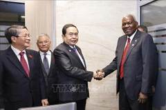 越南国会主席陈青敏与古巴人民政权全国代表大会主席埃斯特万·拉索亲切握手。图自越通社