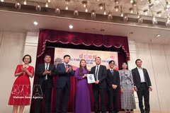 越南语能力考试公布仪式暨日本越南语能力考试委员会成立决定颁发仪式现场。图自越通社