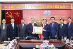 苏林总书记向潘廷镯同志颁发45年党龄纪念章。图自越通社