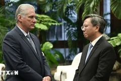 越南驻古巴特命全权大使黎光龙与古共中央第一书记、古巴共和国主席米格尔·迪亚斯-卡内尔·贝穆德斯。图自越通社