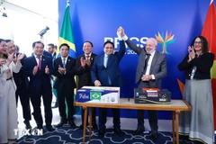 范明政总理与卢拉·达席尔瓦总统共同见证了首批从巴西出口至越南的冷藏牛肉集装箱启运仪式。图自越通社
