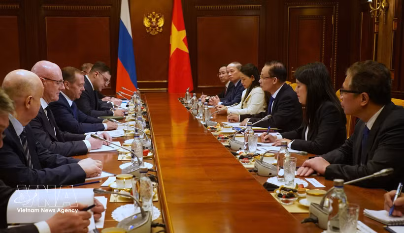 越共中央总书记苏林的特使、越共中央政治局委员、外交部长黎怀忠会见统一俄罗斯党主席德米特里·梅德韦杰夫。越通社发