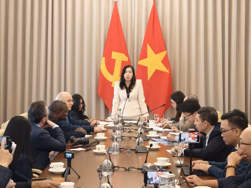 越南外交部副部长黎氏秋姮向国际记者介绍越南近期取得的突出成就。图自越通社