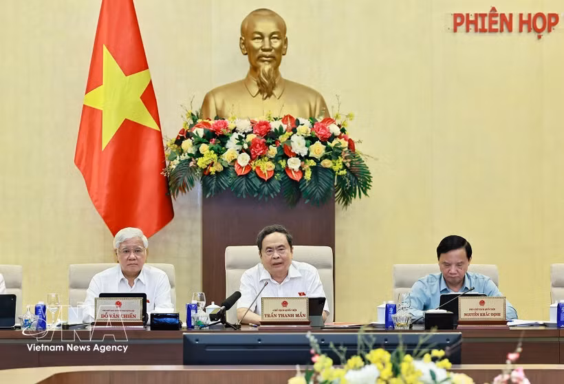 国会主席陈青敏发表讲话。图自越通社