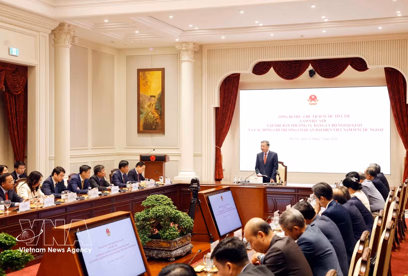 越共中央总书记、国家主席苏林在河内与外交部领导及越南驻外大使、代表机构首席代表召开了工作会议。图自越通社