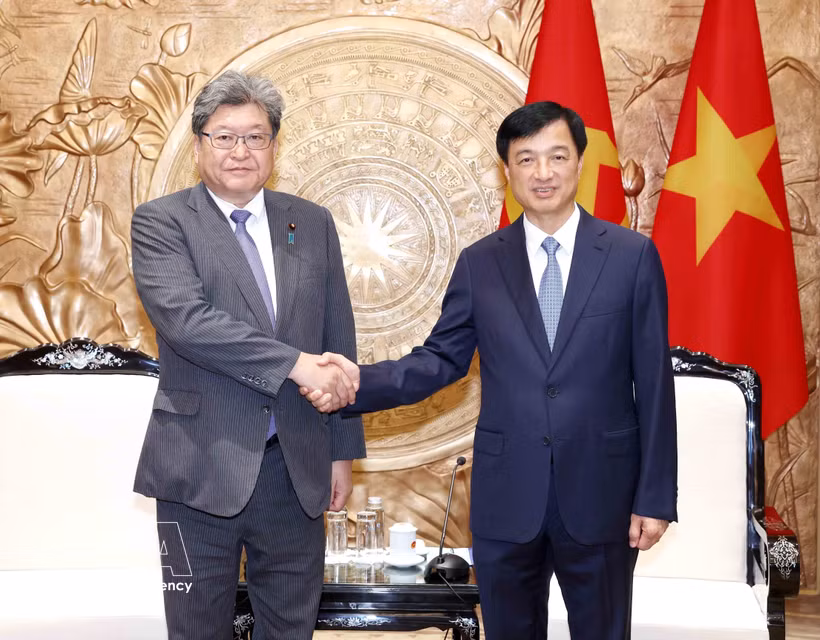 越共中央组织部部长阮维玉会见日本自民党代理干事长萩生田光一。图自越通社