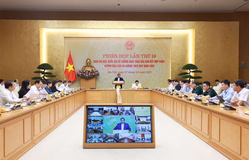 越南政府总理范明政在国家打击非法、不报告和不受管制（IUU）捕捞指导委员会第16次会议上发表结论性讲话。图自越通社