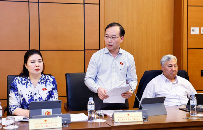 北宁省国会代表陈文俊发言。图自越通社 vna-potal-quoc-hoi-thao-luan-o-to-ve-luat-pha-san-sua-doi-va-luat-bao-hiem-tien-gui-sua-doi-8356520.jpg
